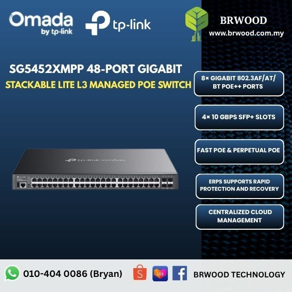 OMADA TP-LINK SG5452XMPP: 48-Port Gigabit Stackable Lite L3 Managed PoE++ Switch with 4× 10G Slots