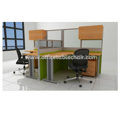 2 CLUSTER L-SHAPE WORKSTATION C/W HALF GLASS PARTITION, METAL LEG, HANGING CABINET & MOBILE PEDESTAL 3D