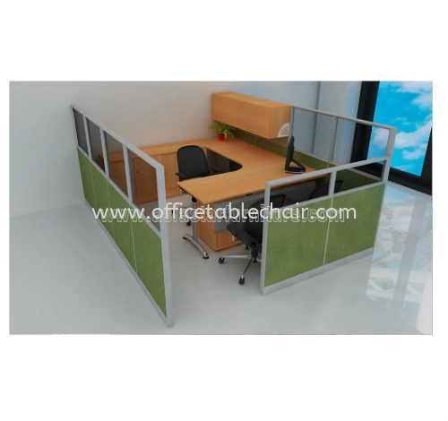 1 CLUSTER L-SHAPE WORKSTATION C/W HALF GLASS PARTITION, METAL LEG, SLIDING CABINET & HANGING CABINET