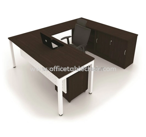 MUKI L-SHAPE OFFICE TABLE METAL N-LEG C/W STEEL MODESTY PANEL WITH SIDE CABINET & MOBILE PEDESTAL SET-MU88W