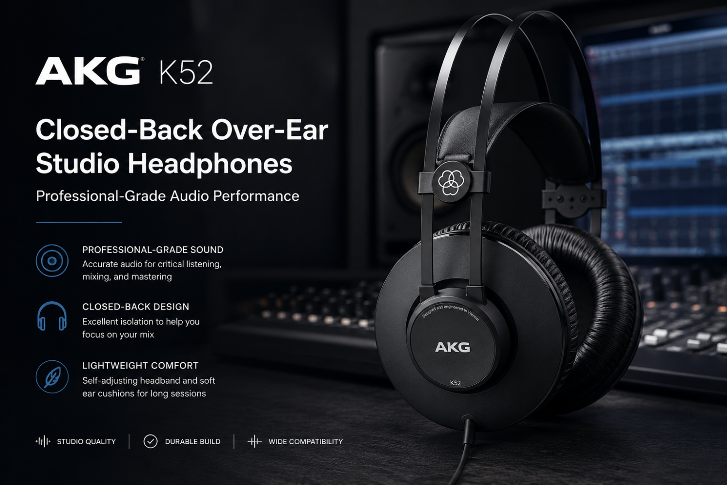 AKG K52 Closed-Back Over-Ear Studio Headphones with Professional-Grade Audio Performance