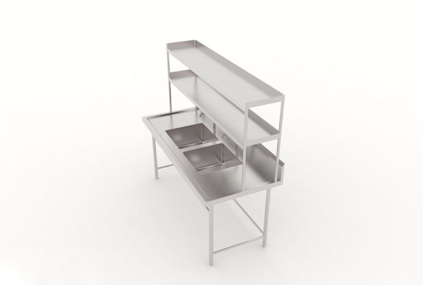 DOUBLE BOWL SINK TABLE WITH TIER RACK SHELF SIDE