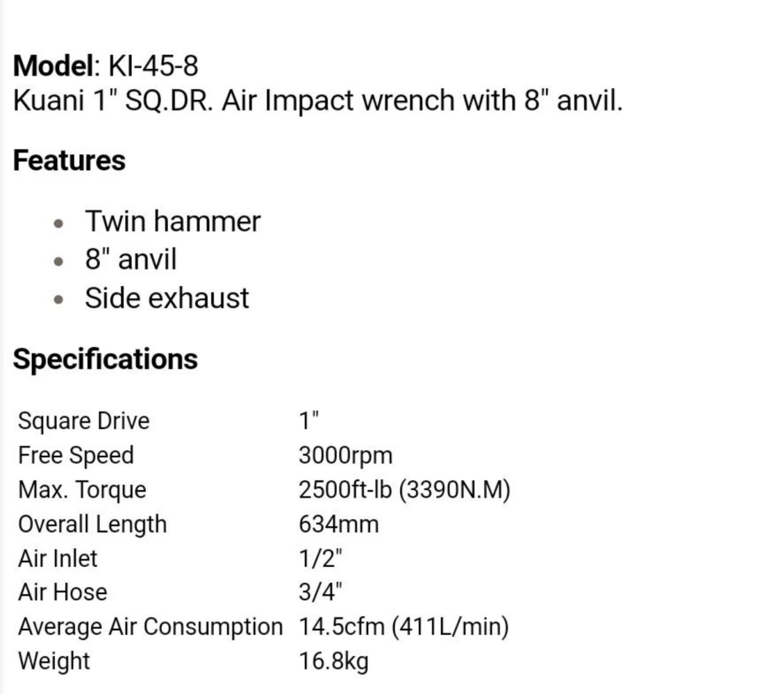 KUANI 1' SQ.DR AIR IMPACT WRENCH WITH 8'ANVIL