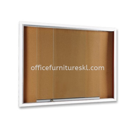 SLIDING GLASS OFFICE NOTICE BOARD WOODEN FRAME BROWN COLOUR - office furniture shop | notice board cheras | notice board ampang | notice board sungai besi