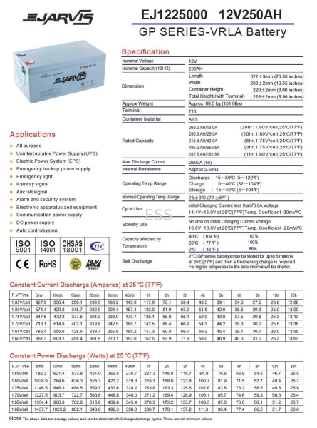 E-Jarvis 12V 250Ah Backup Battery