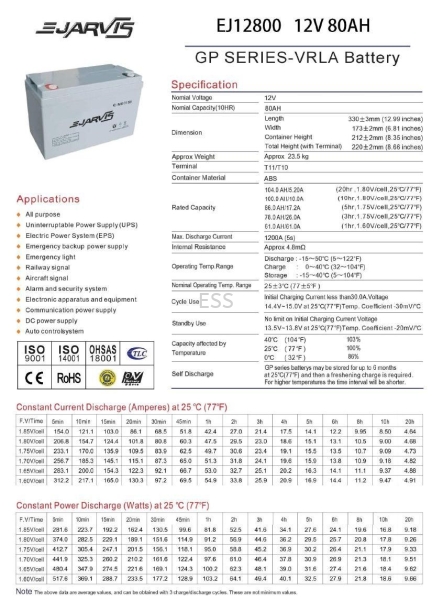 E-Jarvis 12V 80Ah Backup Battery