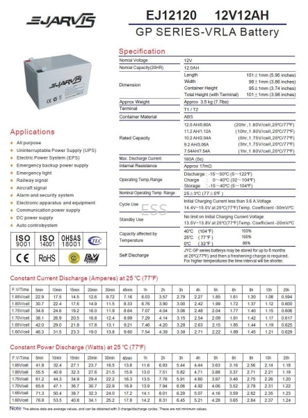 E-Jarvis 12V 12Ah Backup Battery