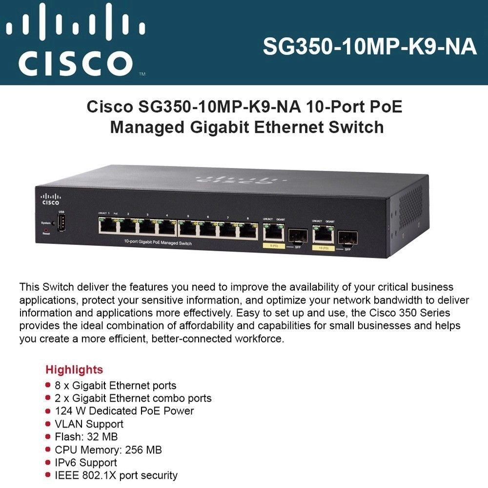 Cisco SG350-10 10-Port Gigabit Managed Network Switch