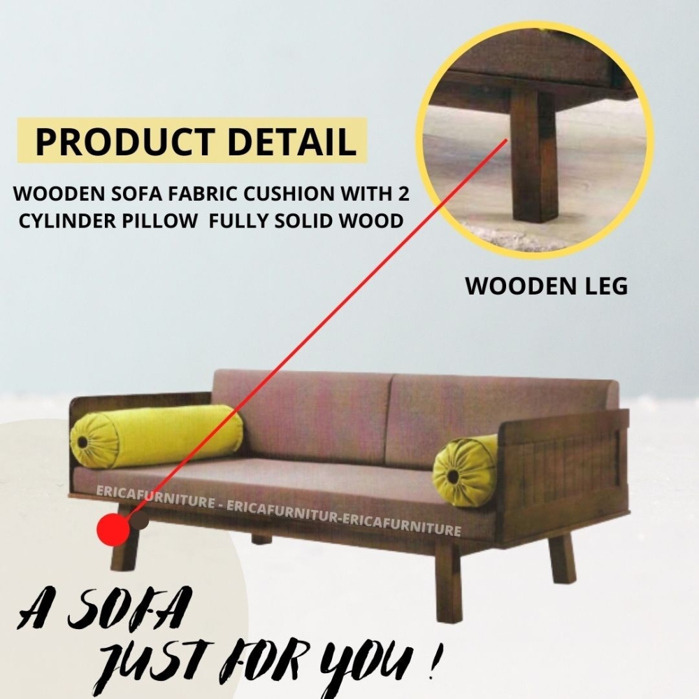 Wooden Sofa With Fabric Cushion And 2 Cylinder Pillow