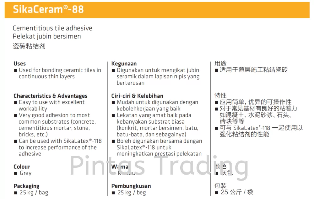 SikaCeram 88 | Cementitious Tile Adhesive for Bonding Ceramic Tiles & Mosaics to Floor & Wall