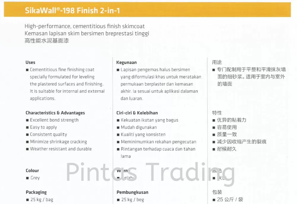 SikaWall 198 Finish 2in1 | High Performance, Cementitious Finish Skimcoat for Internal & External Wall