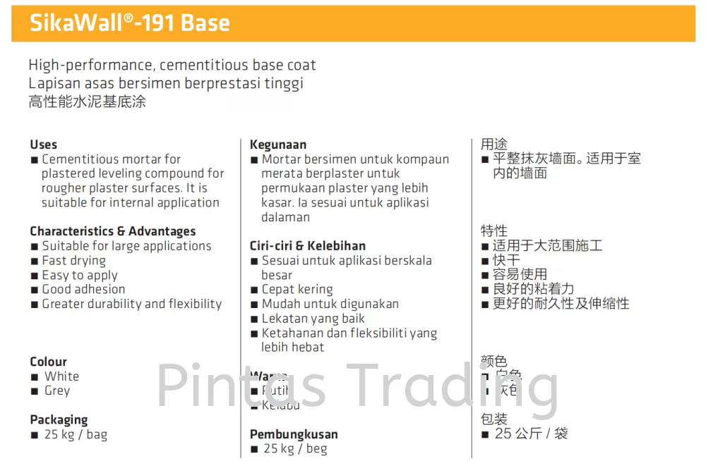 SikaWall 191 Base | High Performance, Cementitious Base Coat for Internal Wall