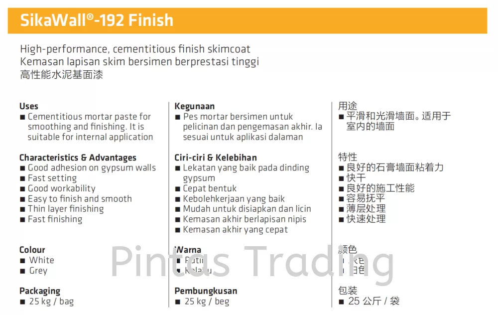 SikaWall 192 Finish | High performance, Cementitious Finish Skimcoat for Internal Wall