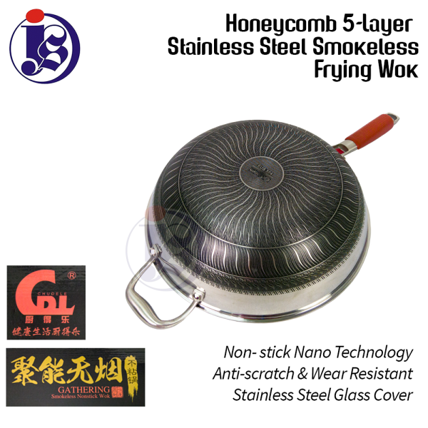 34CM / 36CM Honeycomb 5-Layer Stainless Steel Smokeless Frying Wok V2