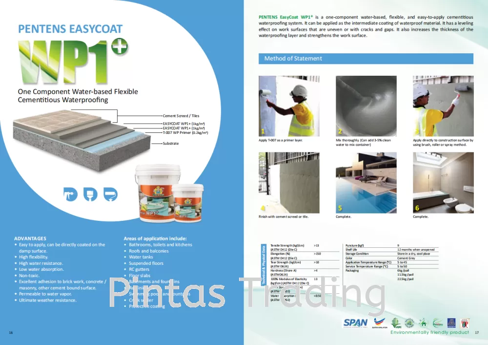 Pentens Easycoat WP1+ | One Component, Water Based Flexible Cementitous Waterproofing