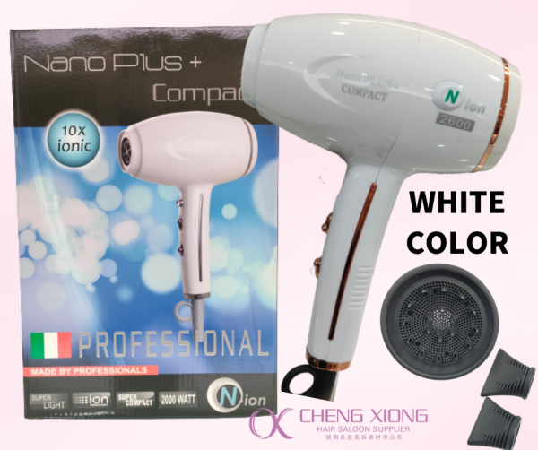 NANO PLLUS+2600 COMPACT 10X IONIC HAIR DRYER 2000 WATTS (WHITE COLOR)