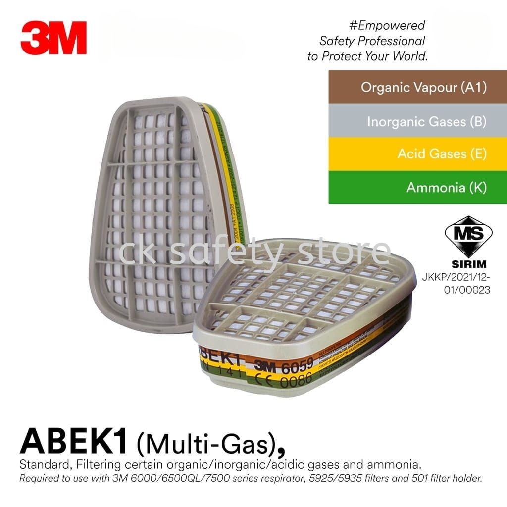 3M™ 6059 (CE/ SIRIM) Multi Gas Cartridge/ ABEK1 Filter/ Discontinued/ CE SIRIM Approved RESPIRATORS Johor Bahru, Malaysia, Skudai Working Safety Equipment, Factory Worker Protection, DIY Safety Uniform | CK EQUIPMENT & INDUSTRIAL SUPPLY