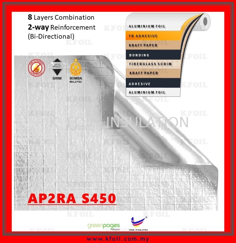 (AP2RA S450) Fire Retardant D/S 8 Layers Reflective Aluminium Paper Foil,16x8 Fiberglass Scrim Reinforced (W1.25m)