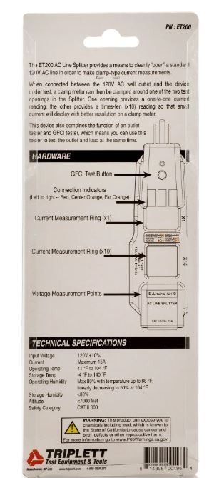 AC Line Splitter and GFCI Receptacle Tester: Tests 3-Wire Receptacles - (ET200)