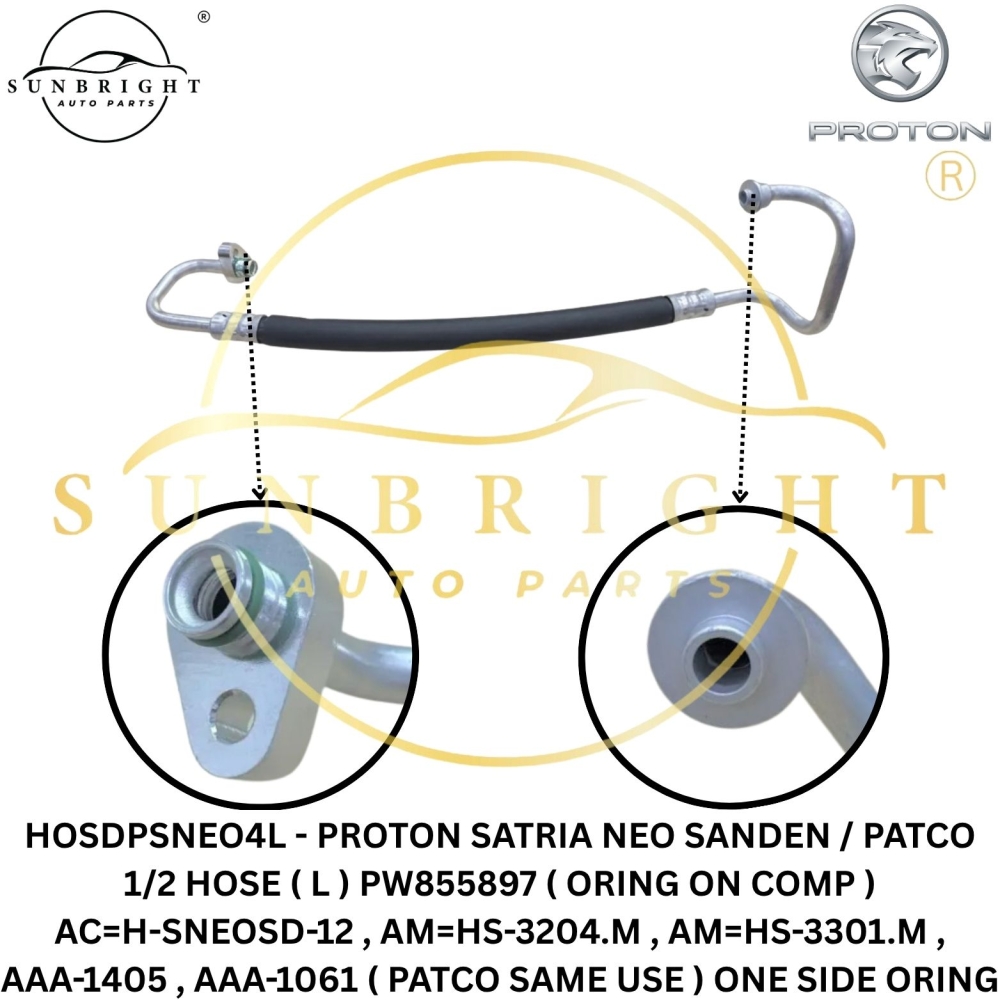 HOSDPSNEO4L - PROTON SATRIA NEO SANDEN / PATCO 1/2 HOSE ( L ) PW855897 ( ORING ON COMP ) AC=H-SNEOSD-12 , AM=HS-3204.M , AM=HS-3301.M , AAA-1405 , AAA-1061 ( PATCO SAME USE ) ONE SIDE ORING