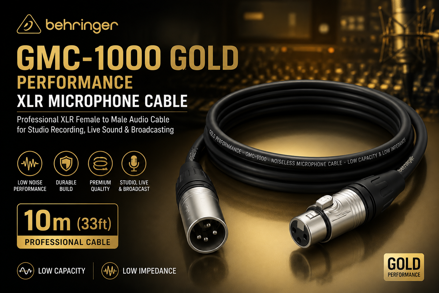 Behringer GMC-1000 Gold Performance 10m (33ft) Kabel Mikrofon XLR Profesional – Kabel Audio Seimbang untuk Studio, Sistem PA & Penyiaran