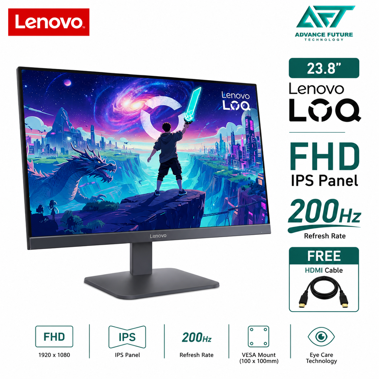 Lenovo LOQ 24-10 68F1GACBMY 23.8'' FHD IPS 200Hz Gaming Monitor ( 2x HDMI, DP, 3 Years Warranty )