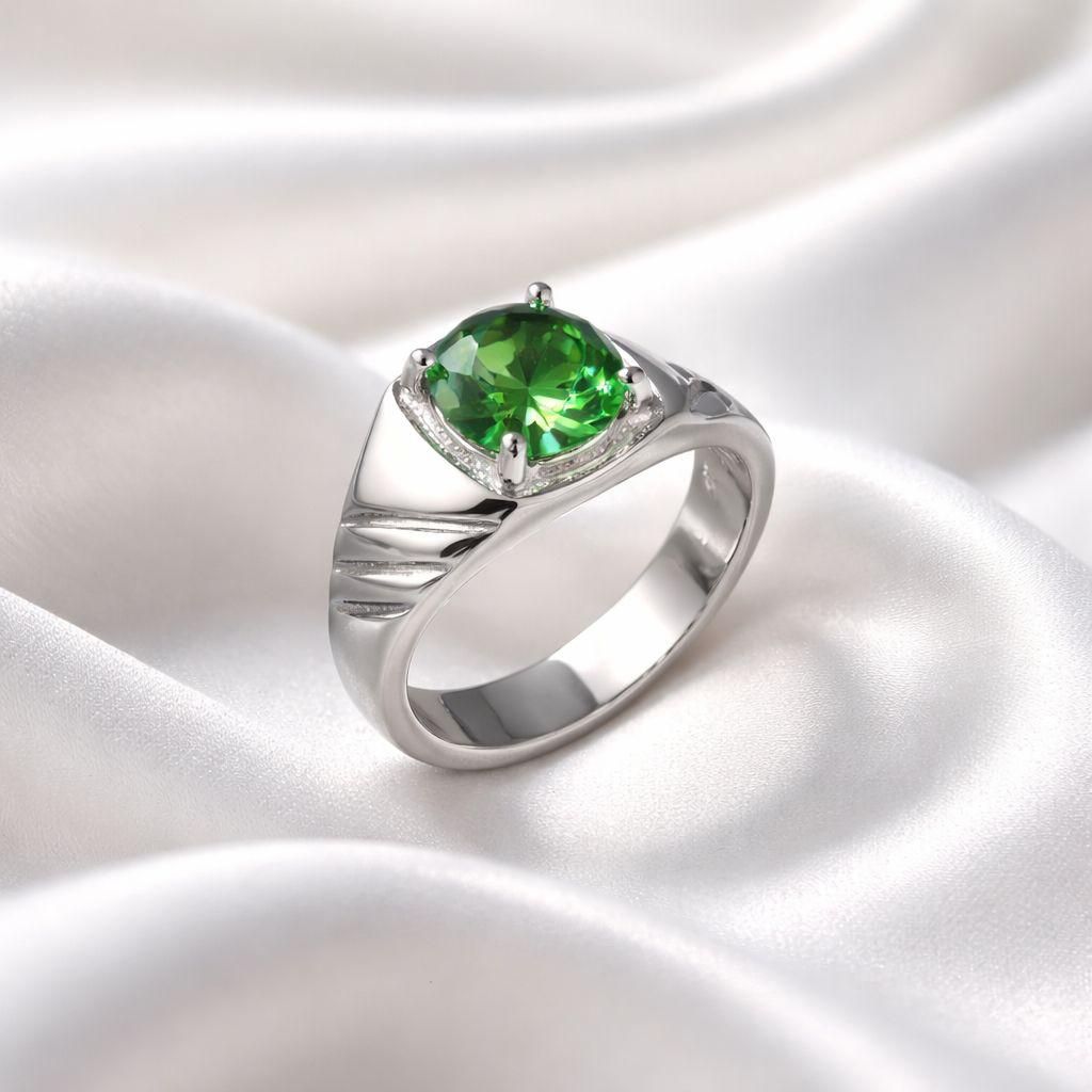 Modern Solitaire Silver Ring with Green Gemstone