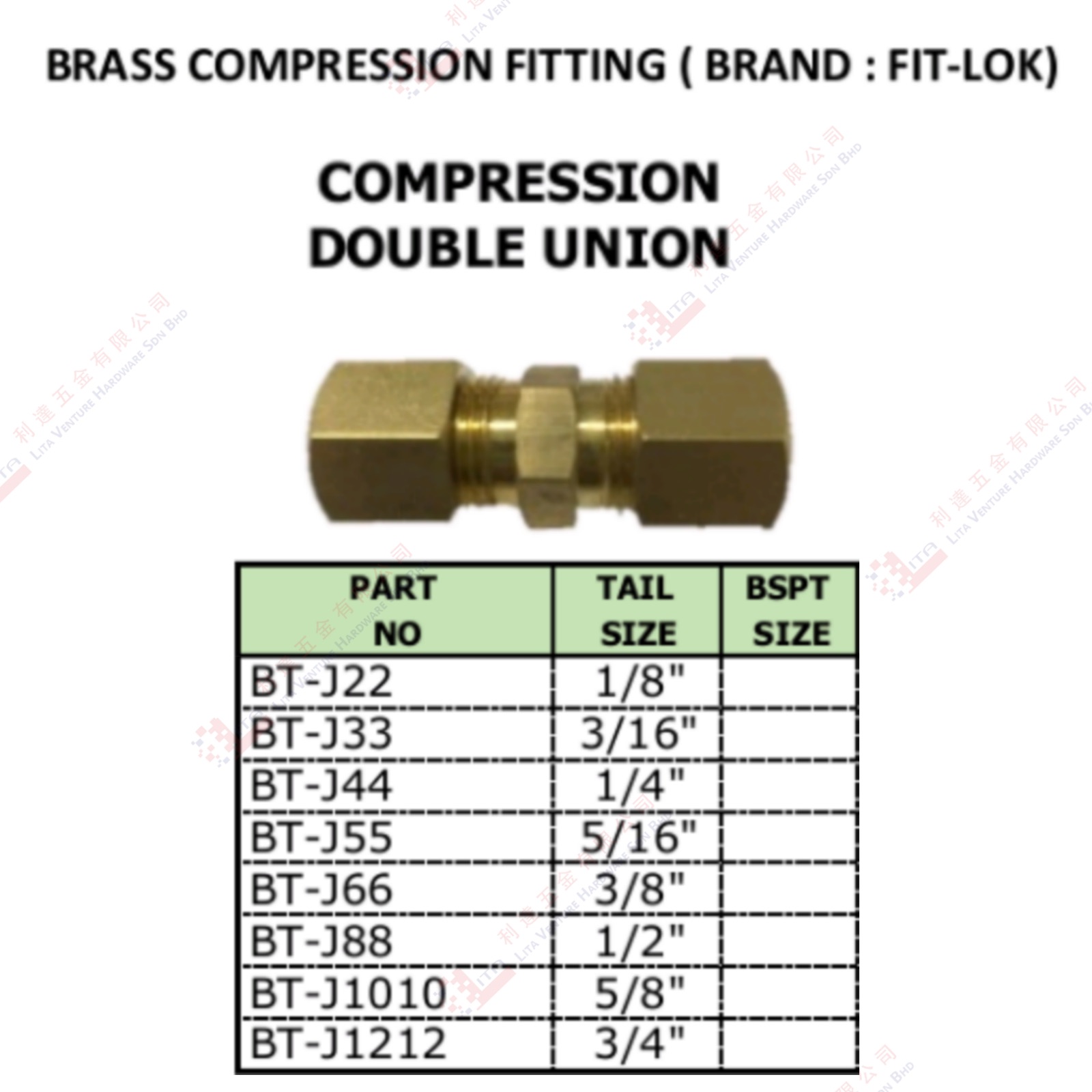 COMPRESSION DOUBLE UNION - BTJ22 BTJ33 BTJ44 BTJ55 BTJ66 BTJ88 BTJ1010 BTJ1212