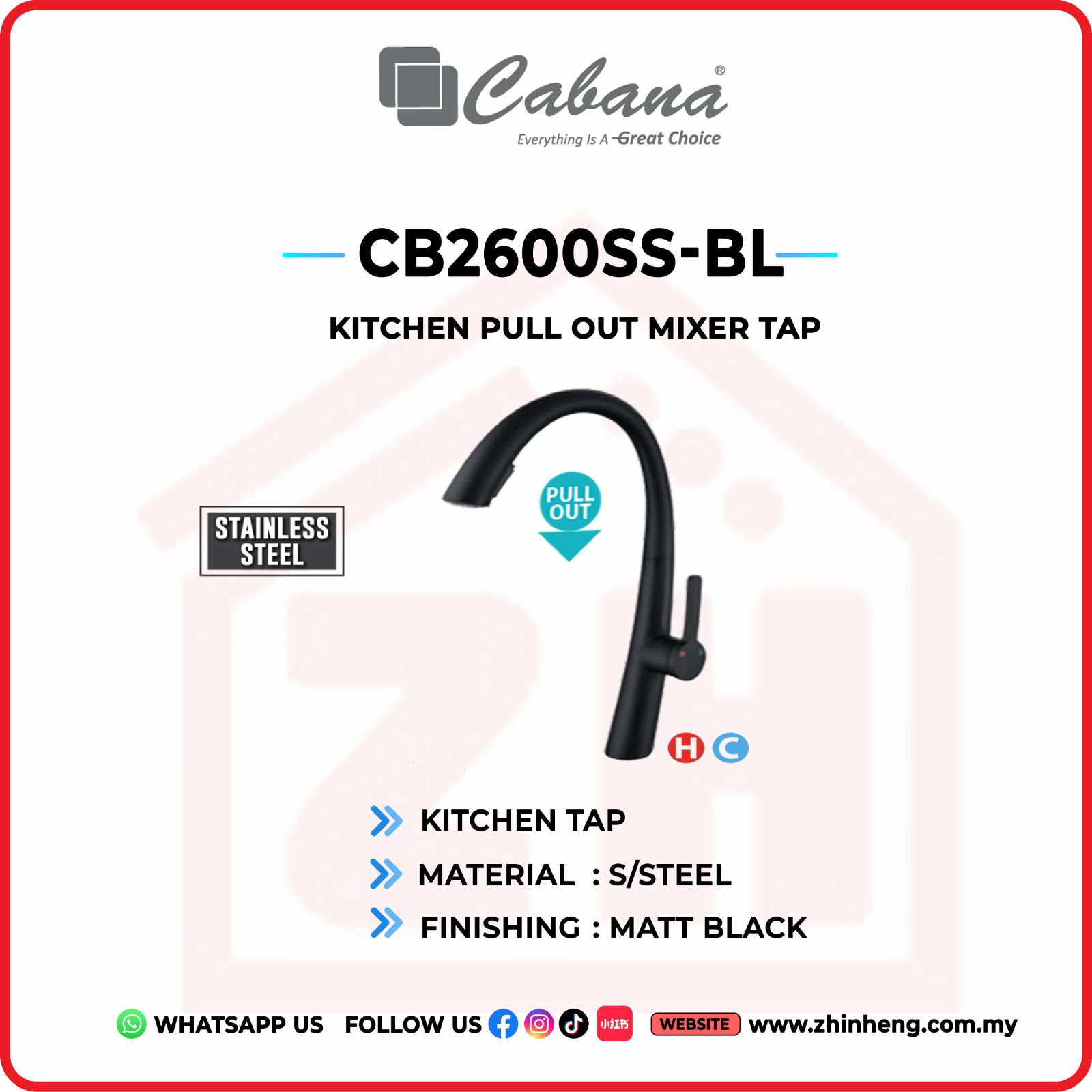 CABANA KITCHEN PULL OUT MIXER TAP CB2600SS-BL