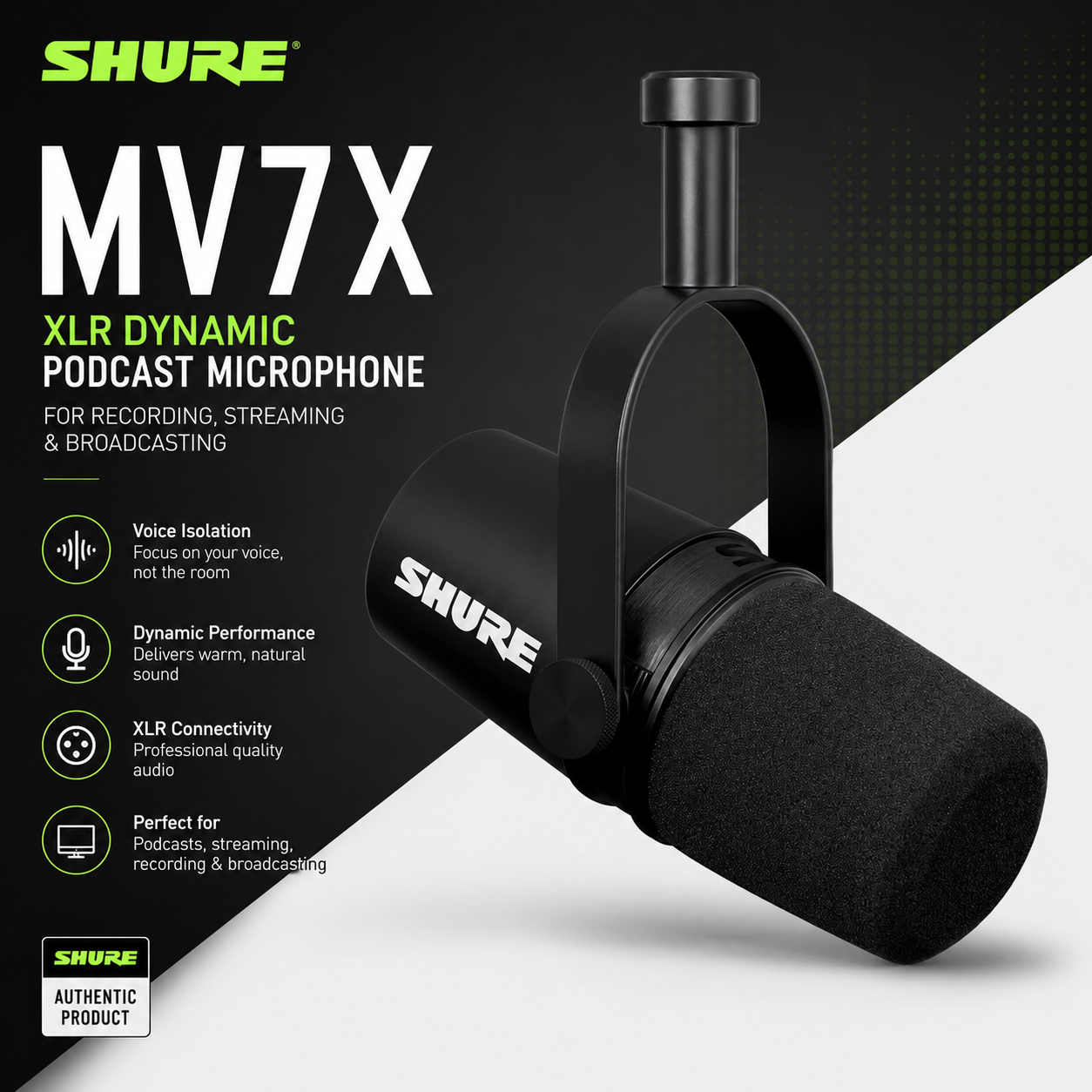 舒尔 Shure MV7X XLR 动圈播客麦克风（适用于录音、直播与广播）