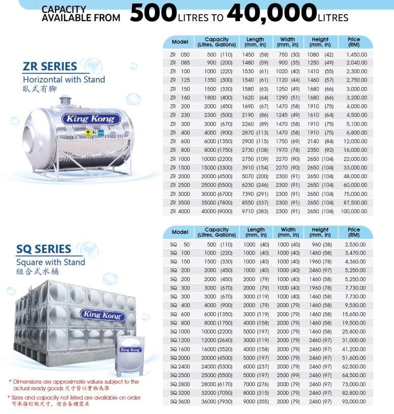 King Kong Stainless Steel (304-BA) ZR Series Water Tank Horizontal With Stand (FREE Brass Float Valve)