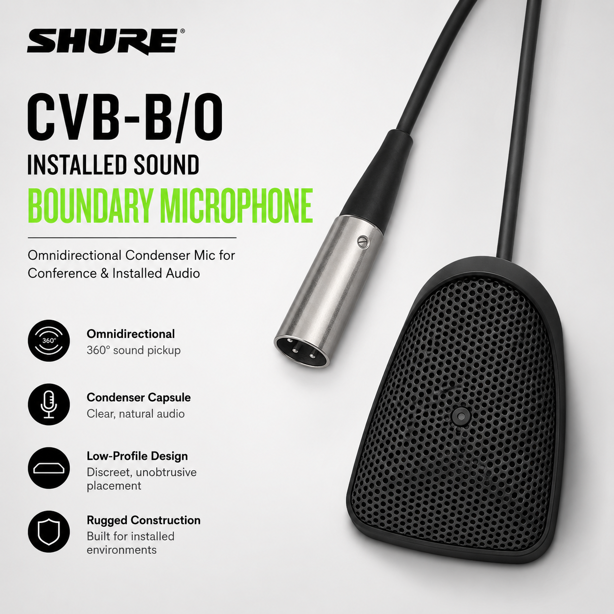 Shure CVB-B/O Mikrofon Boundary Dipasang Tetap – Mikrofon Kondensor Omni Hitam untuk Persidangan & Audio Tetap