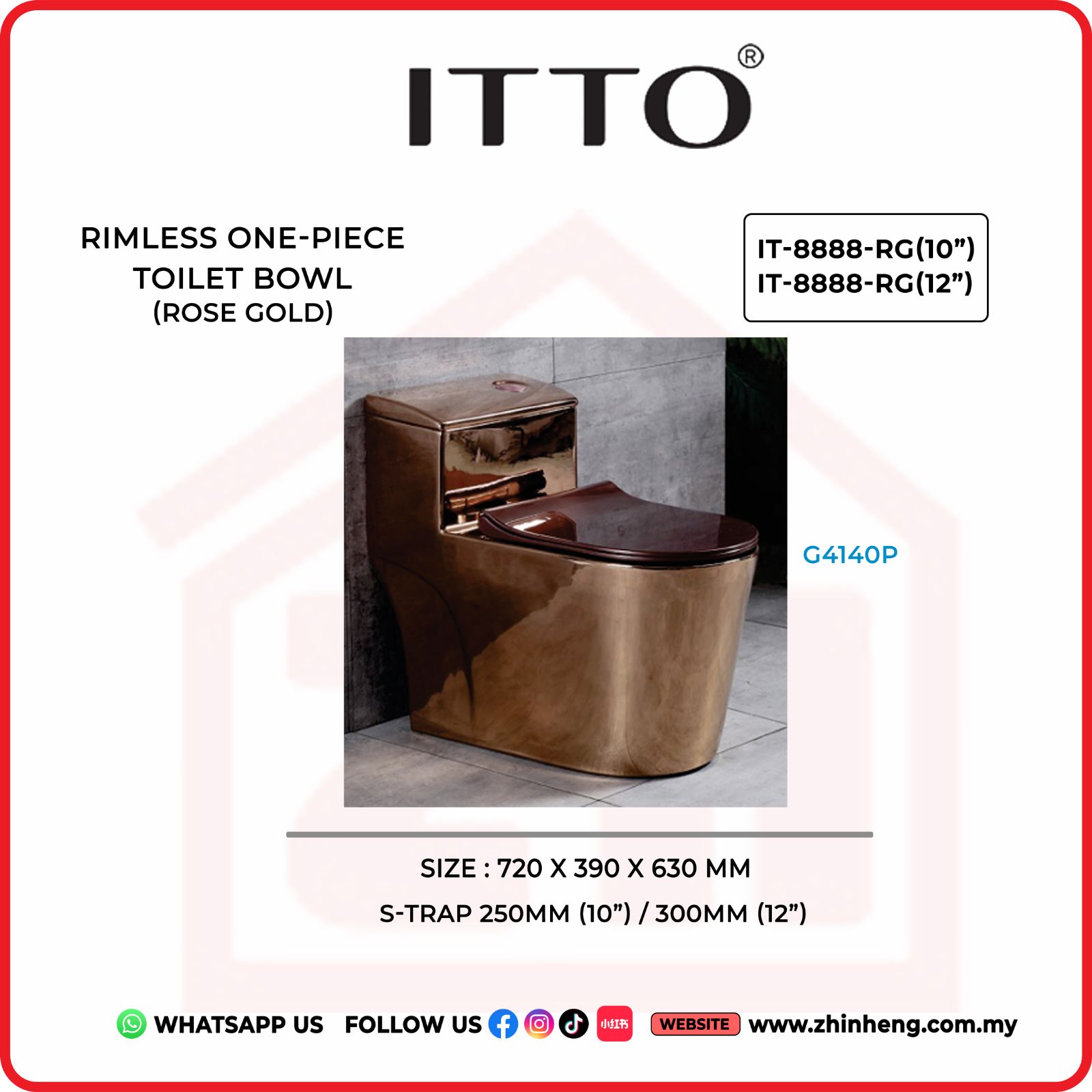 ITTO RIMLESS ONE PIECE TOILET BOWL  IT-8888-RG(10") & IT-8888-RG(12")