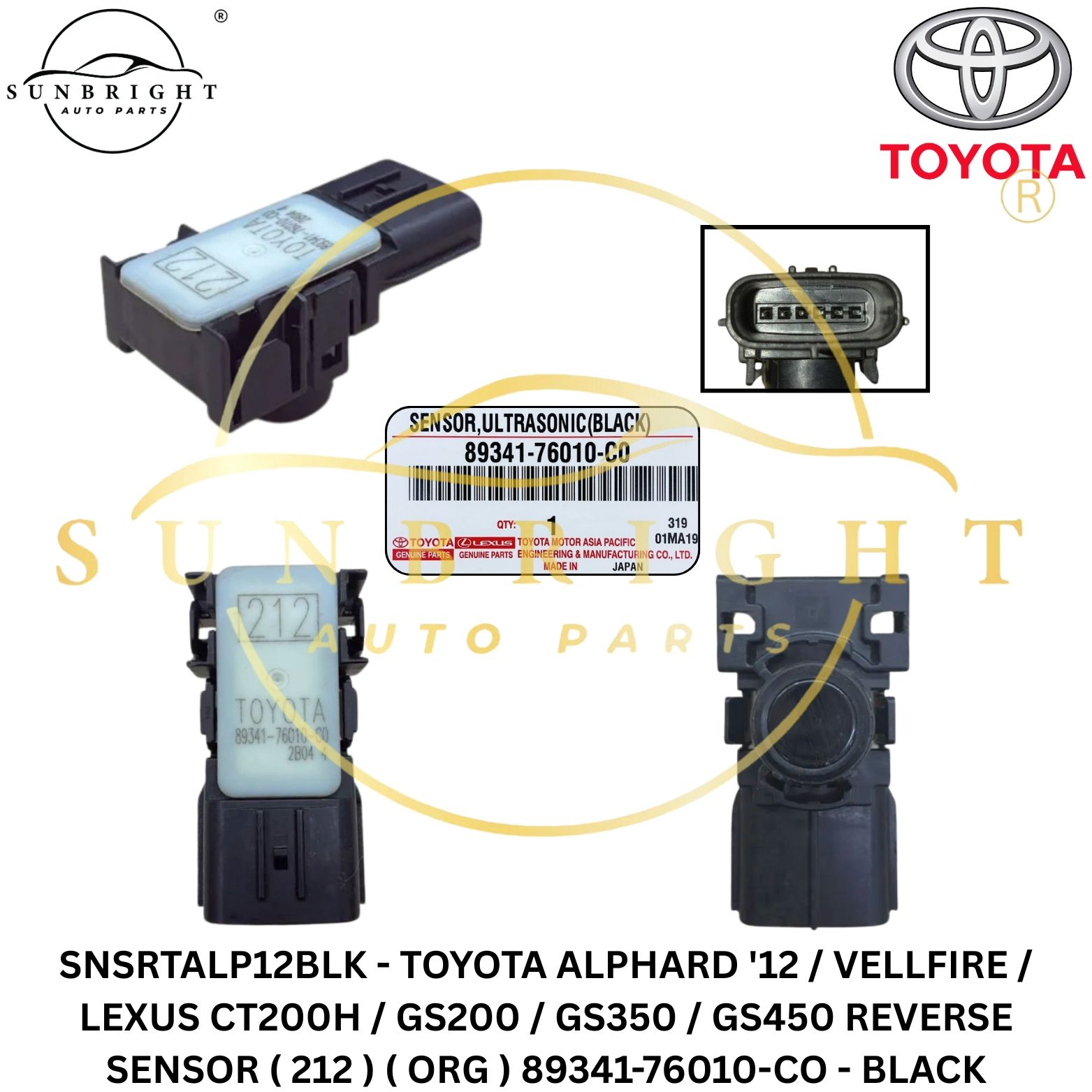 SNSRTALP12BLK - TOYOTA ALPHARD '12 / VELLFIRE / LEXUS CT200H / GS200 / GS350 / GS450 REVERSE SENSOR ( 212 ) ( ORG ) 89341-76010-CO - BLACK