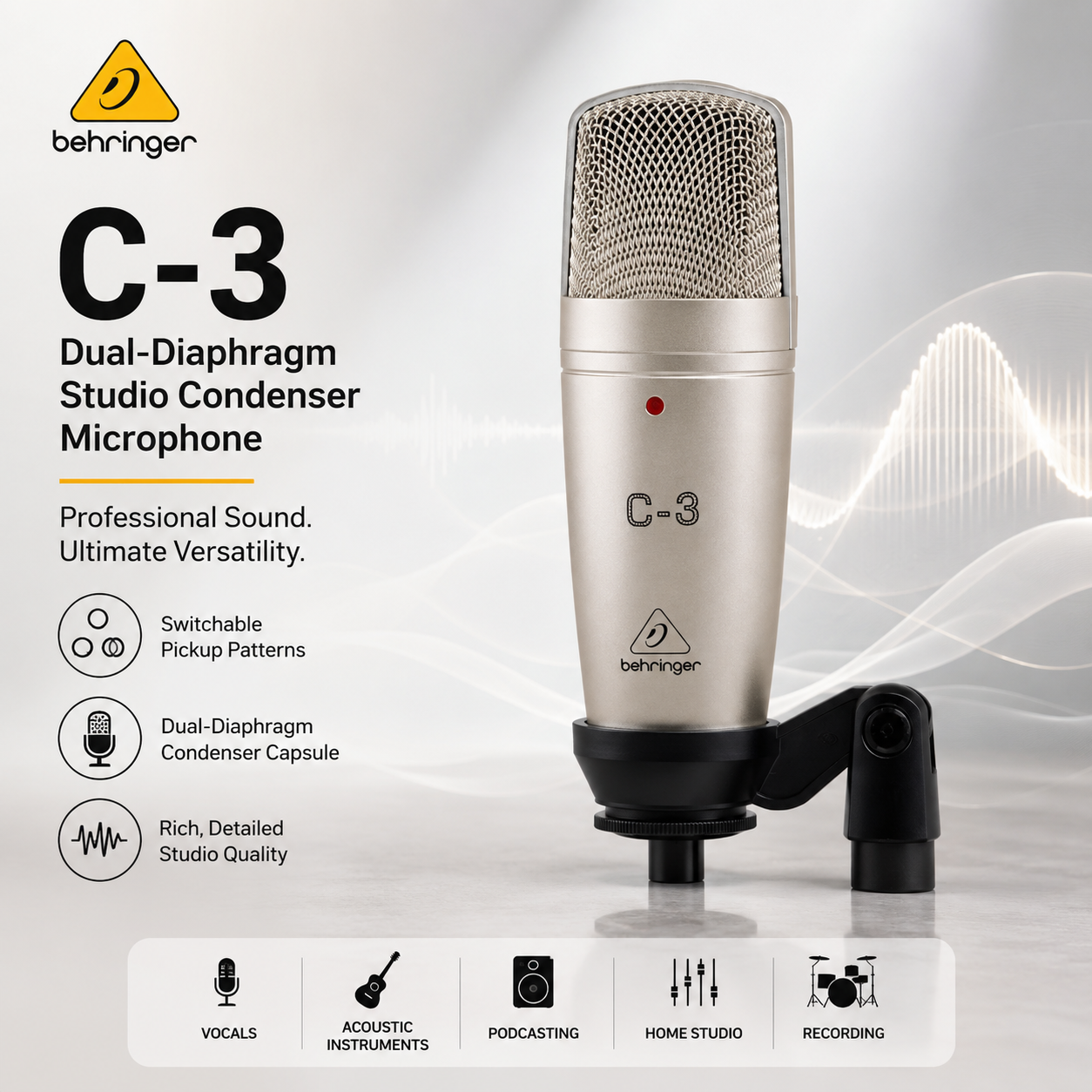Behringer C3 – Mikrofon Kondensor Studio Dual Diaphragm dengan Corak Kutipan Boleh Tukar