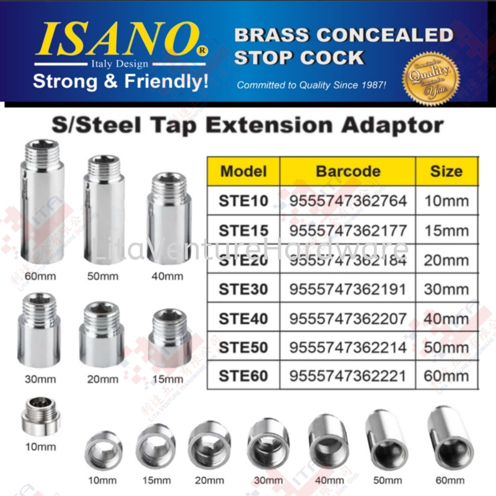 ISANO BRAND STINLESS STEEL TAP EXTENSION ADAPTOR - STE10 STE15 STE20 STE30 STE40 STE50 STE60