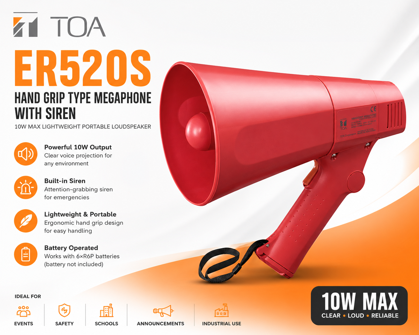 TOA ER520S Hand Grip Type Megaphone with Siren – 10W Max Lightweight Portable Loudspeaker