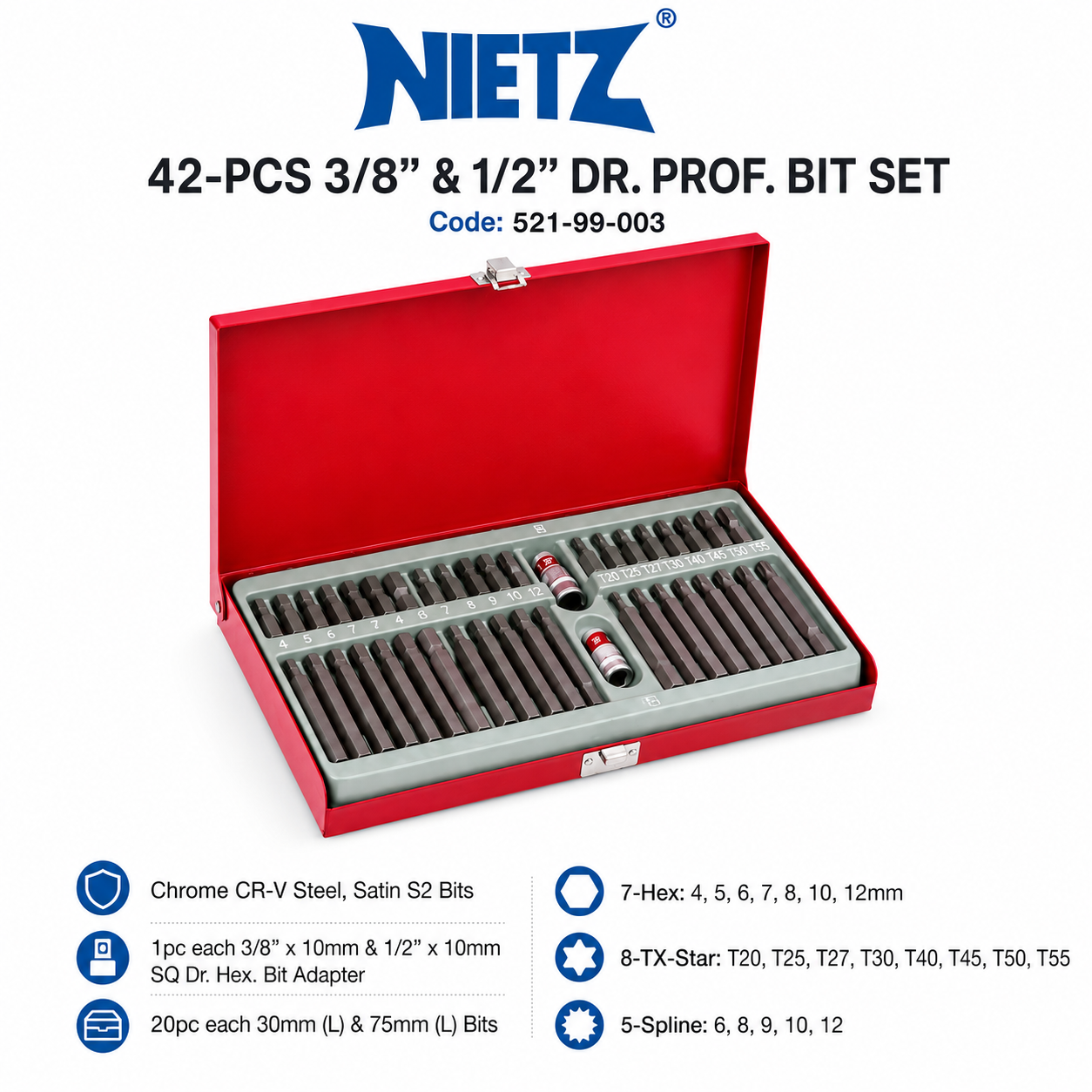 NIETZ 42pcs 3/8″ & 1/2″ Drive Professional Socket Bit Set | TL-SET-000004