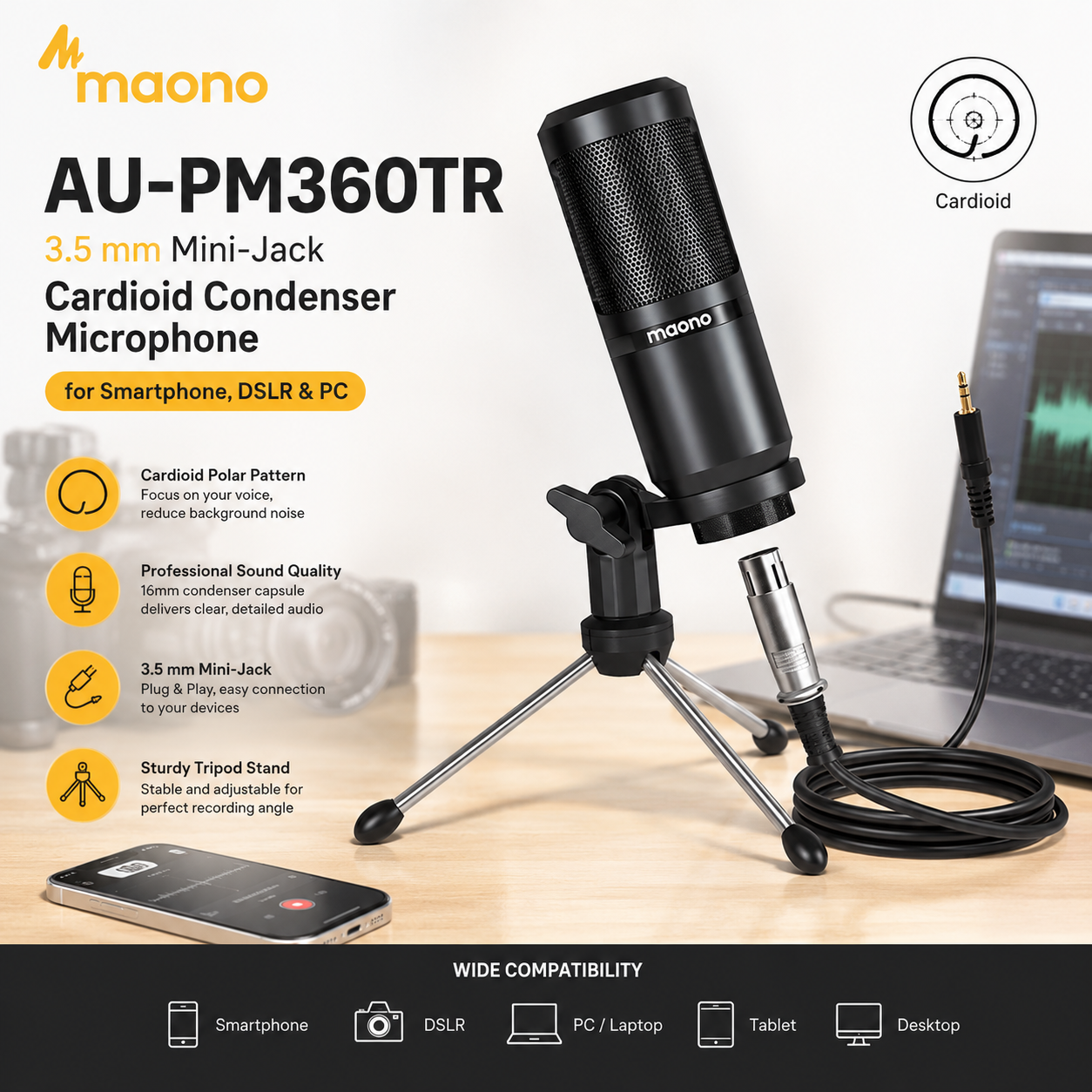 Maono AU‑PM360TR – Mikrofon Kondensor Cardioid 3.5 mm Mini‑Jack untuk Telefon Pintar, DSLR & PC