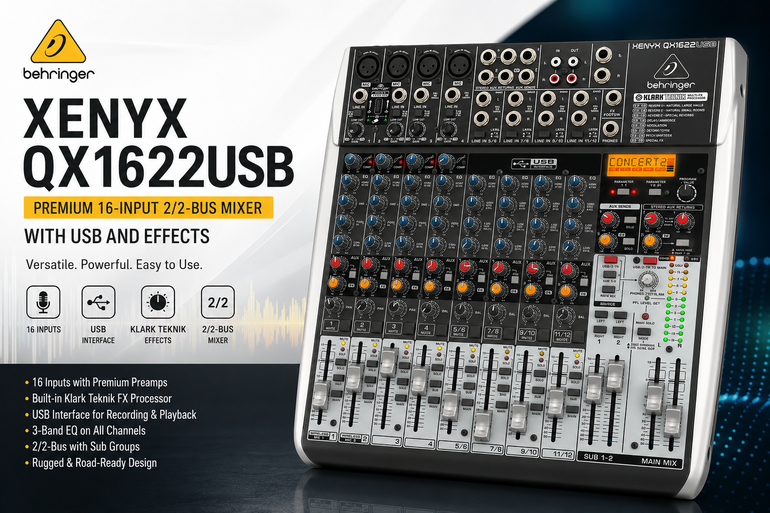Behringer XENYX QX1622USB Pengadun Audio Analog Profesional 16 Input dengan USB Audio Interface, Klark Teknik Multi-FX & Compressor