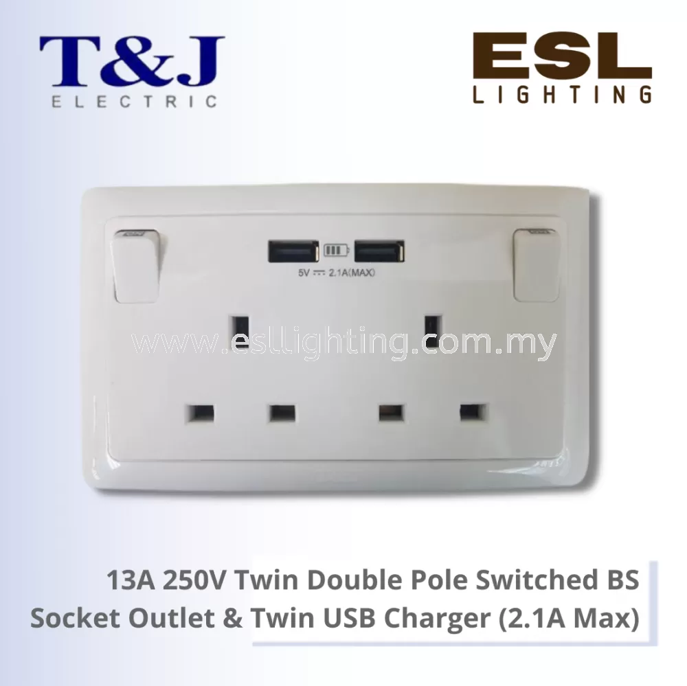 T&J RADIANCE SERIES 13A 250V Twin Double Pole Switched BS Socket Outlet & Twin USB Charger (2.1A Max) - K8523SDUSB-DP-D / K8523SDUSB-DP-SBL-D / K8523SDUSB-DP-MSB-D