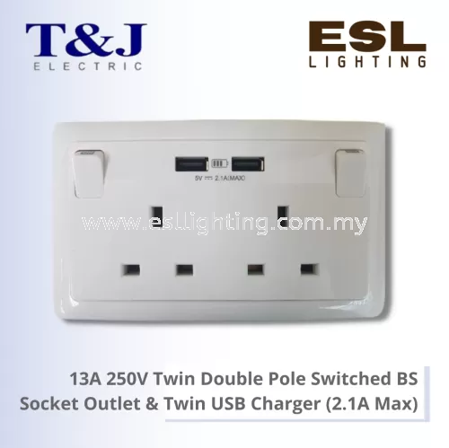 T&J RADIANCE SERIES 13A 250V Twin Double Pole Switched BS Socket Outlet & Twin USB Charger (2.1A Max) - K8523SDUSB-DP-D / K8523SDUSB-DP-SBL-D / K8523SDUSB-DP-MSB-D