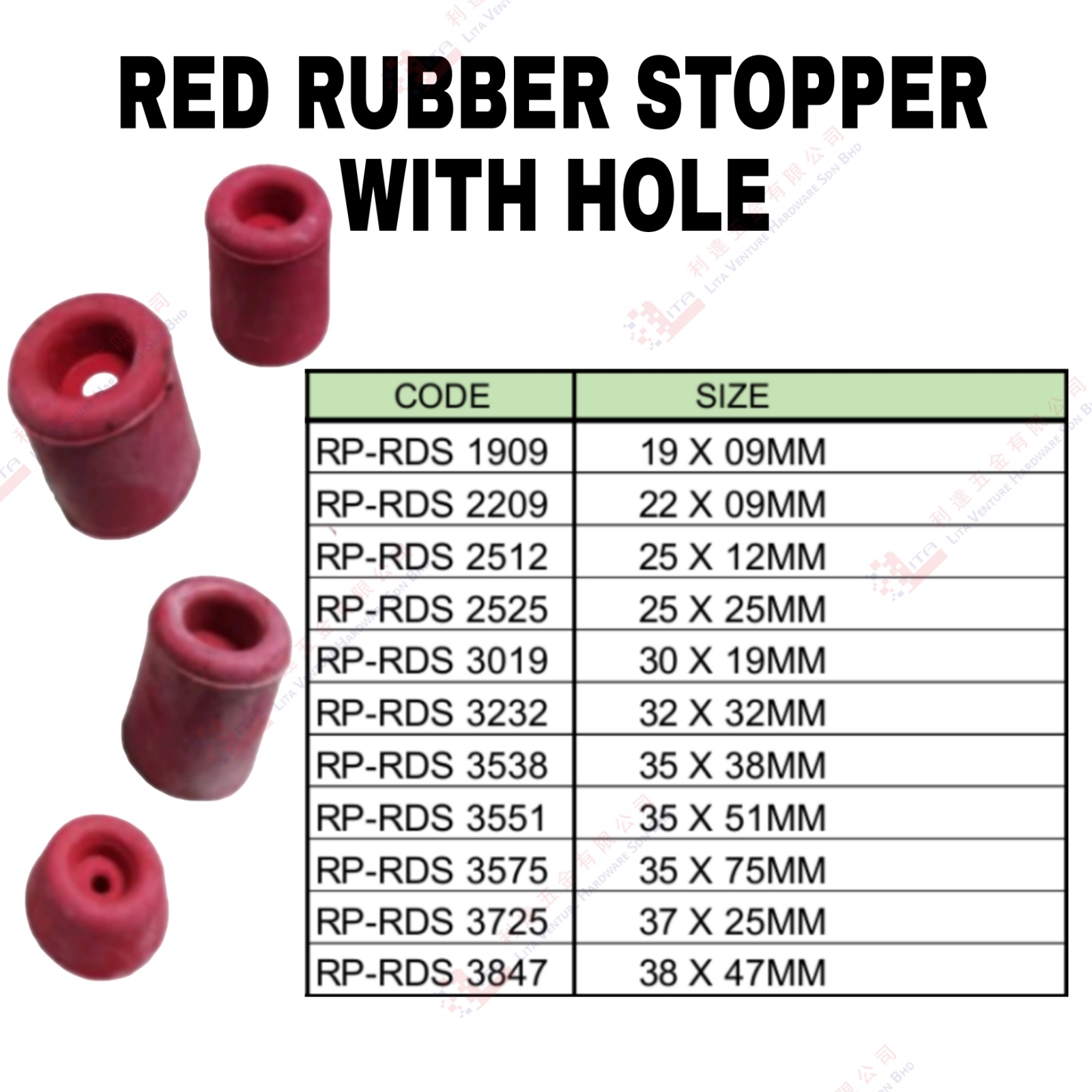 RED RUBBER STOPPER WITH HOLE - RPRDS1909 RPRDS2209 RPRDS2512 RPRDS2525 RPRDS3019 RPRDS3232 RPRDS3538 RPRDS3551 RPRDS3575 RPRDS3725 RPRDS3847