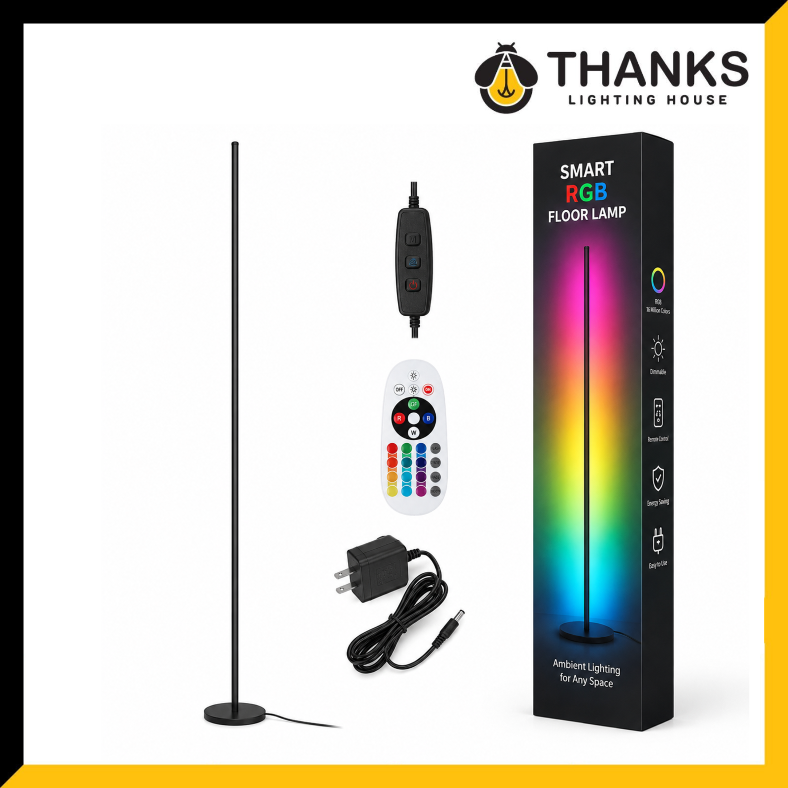 Smart RGB LED Floor Lamp 12W 1530mm with Remote Control – Slim Standing Mood Light for KOL Live, Video Shooting & Gaming Room
