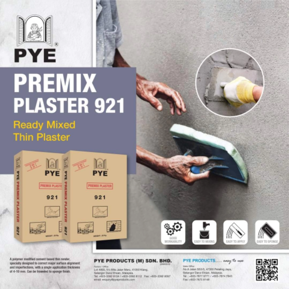 PYE PREMIX PLASTER 921
Ready Mixed Thin Plaster

A polymer modified cement based thin render, 
specially designed to correct major surface alignment and imperfections, with a single application thickness 
of 4-10 mm. Can be troweled to sponge finish.

PYE PRODUCTS....921