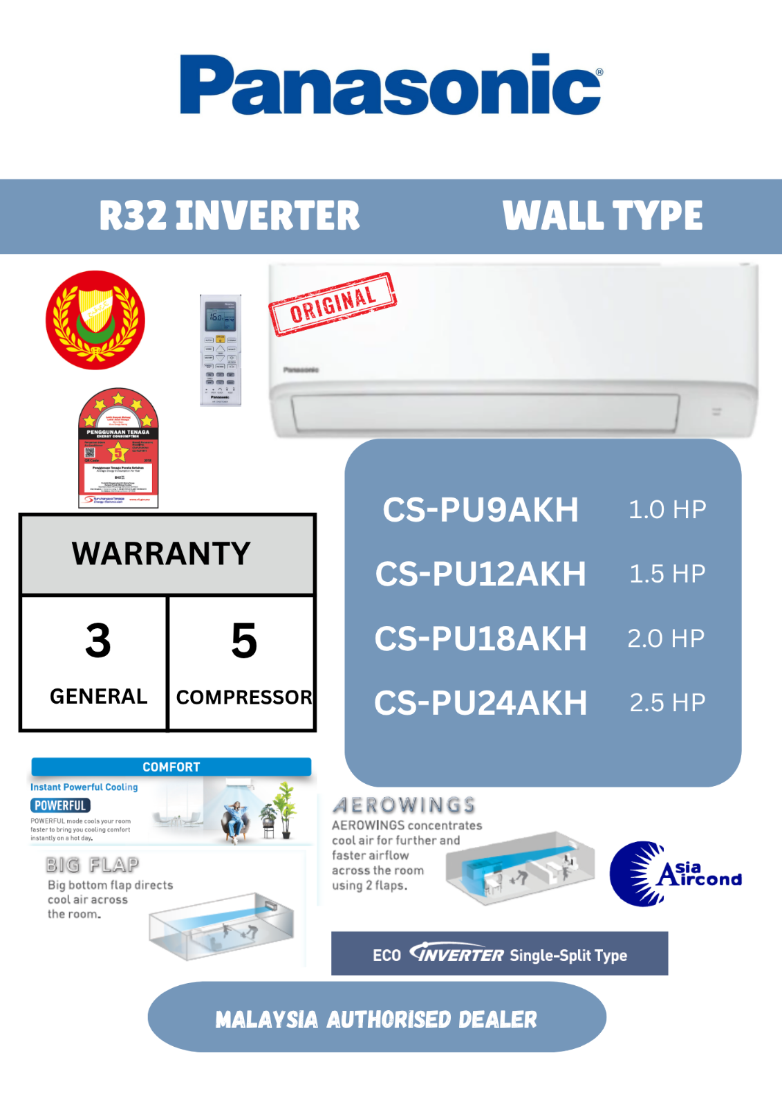 PANASONIC R32 INVERTER WALL TYPE AIRCOND PU-AKH SERIES 1.0HP - 2.5HP CS-PU9AKH CS-PU12AKH CS-PU18AKH CS-PU24AKH 5-STAR ECO INVERTER AEROWINGS POWERFUL COOLING