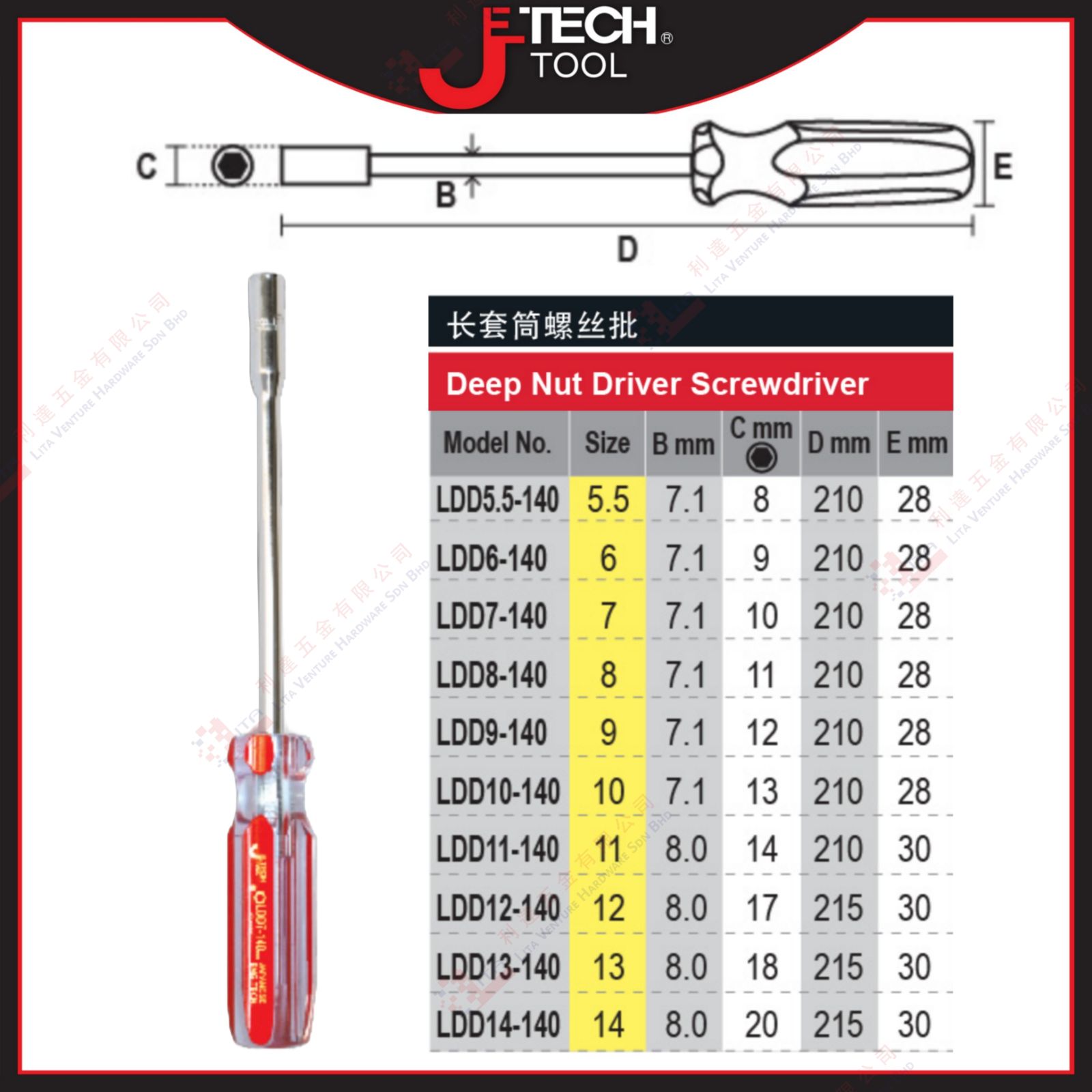 JTECH BRAND DEEP NUT DRIVER SCREWDRIVER - LDD5.5140 LDD6140 LDD7140 LDD8140 LDD9140 LDD10140 LDD11140 LDD12140 LDD13140 LDD14140