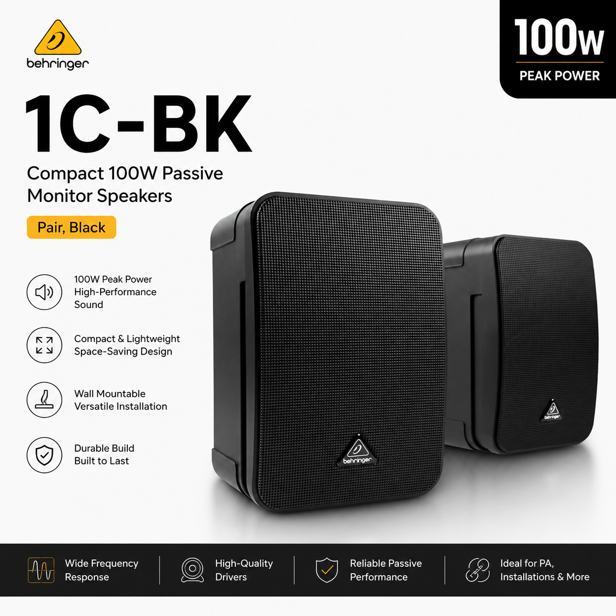 Behringer 1C-BK – Sepasang Pembesar Suara Monitor Pasif Kompak 100W (Hitam)