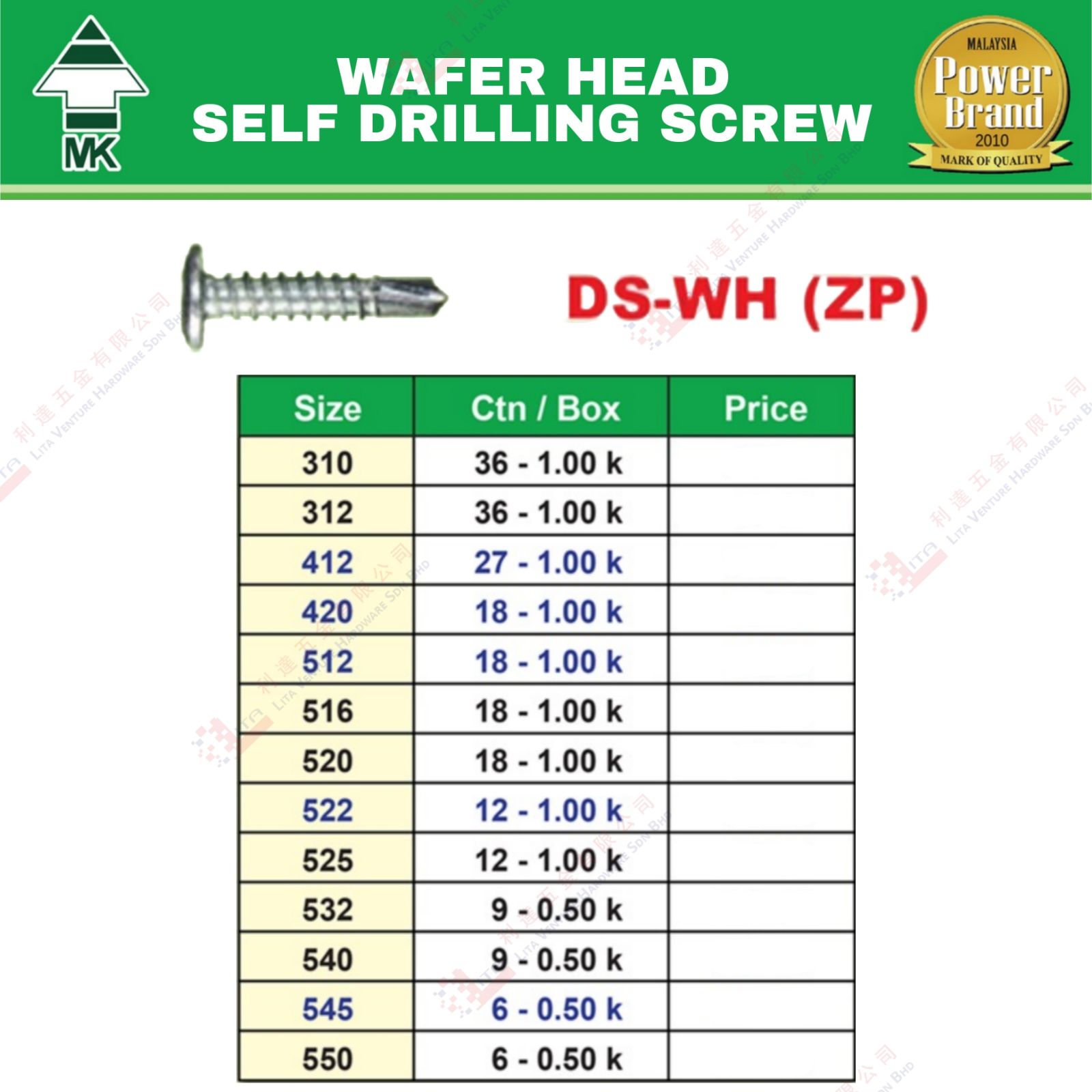MK BRAND WAFER HEAD SELF DRILLING SCREW - DSWHZP