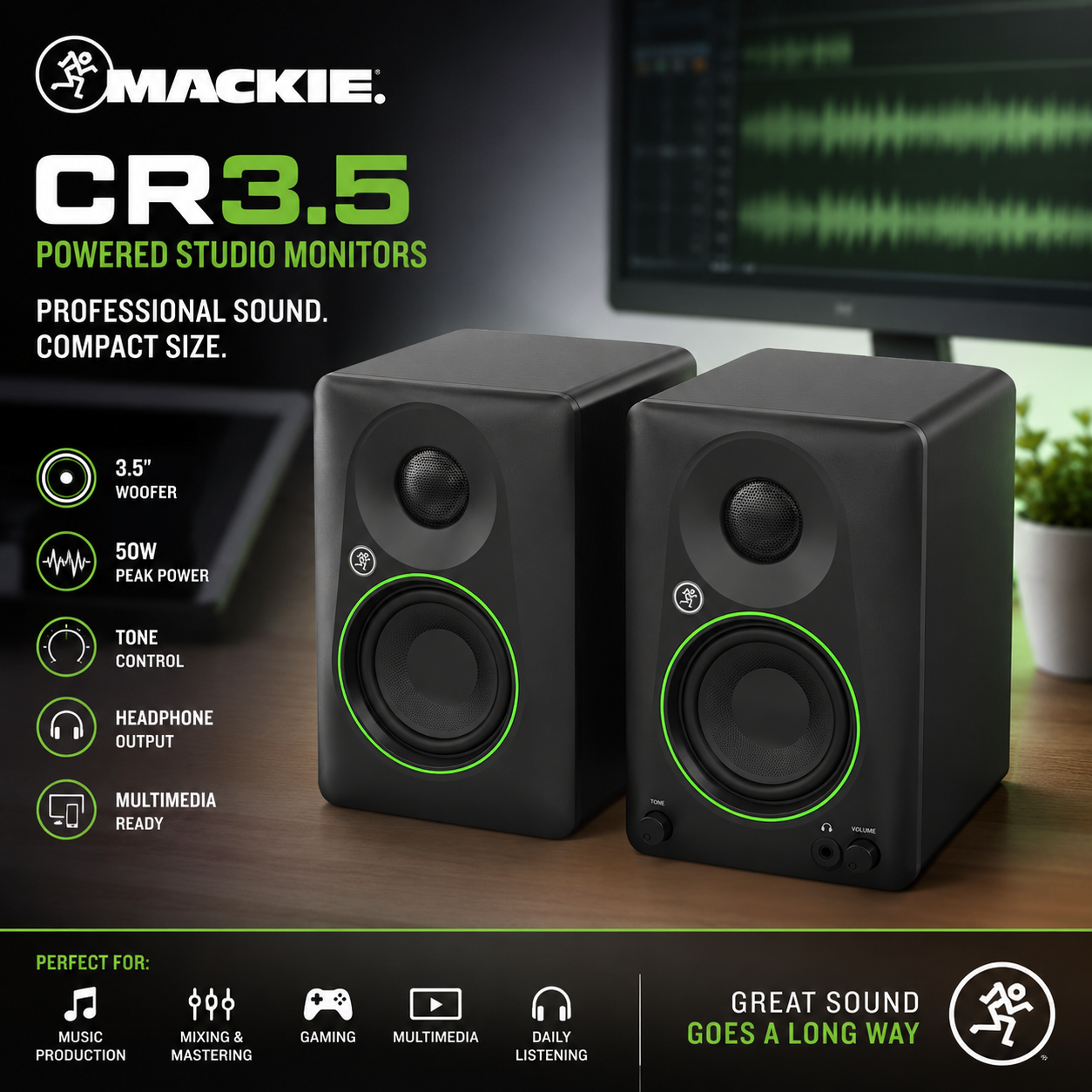 Mackie CR3.5 3.5" Powered Studio Monitors with Tone Control | Compact Multimedia Speakers for Music, Mixing & Gaming